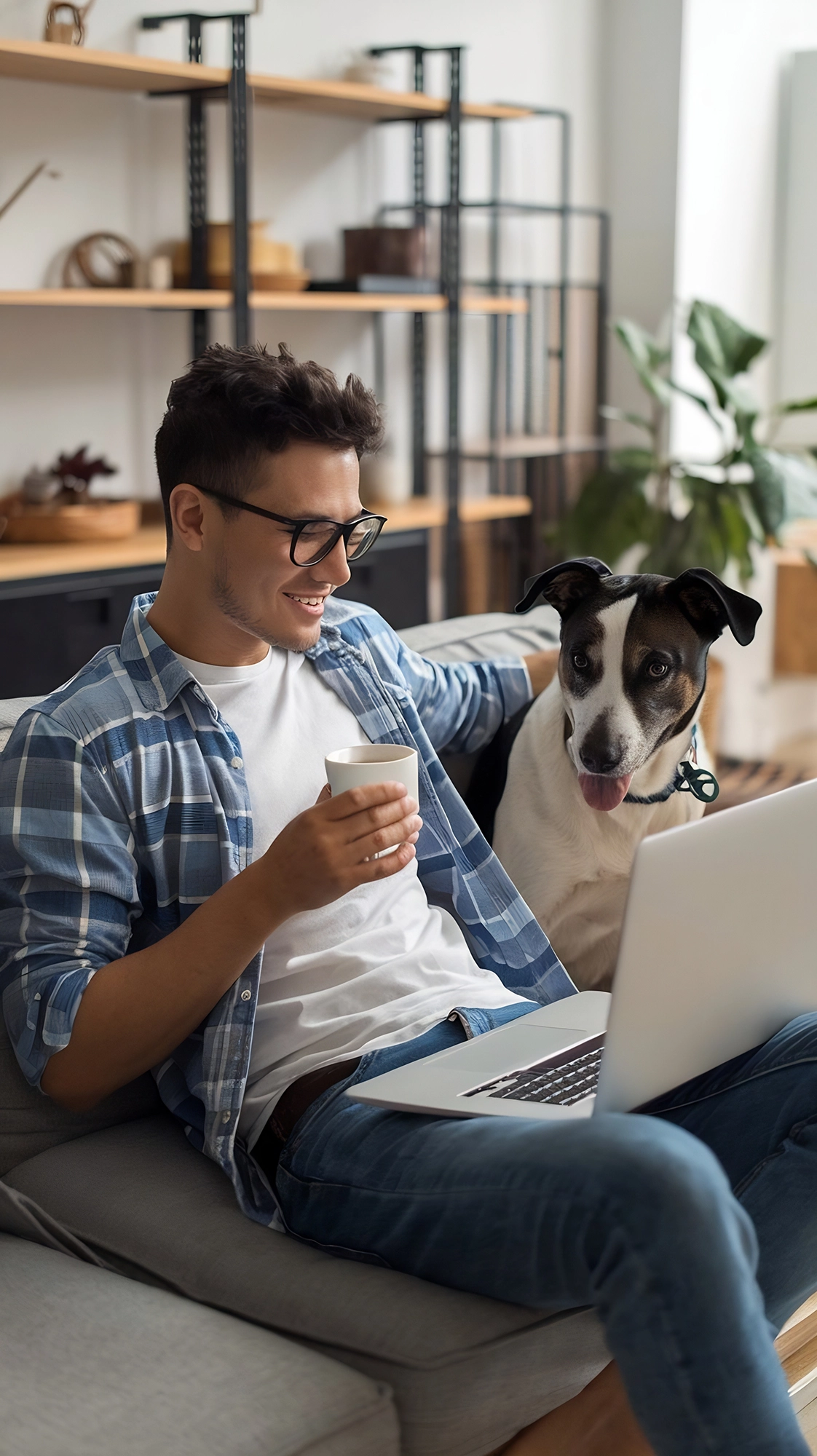 Persona acompañando a un perro en casa